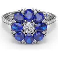 Floral Cluster Ring with Oval Sapphires and Round Diamond Center by Fana - 2.12 Carat Total Gemstone Weight