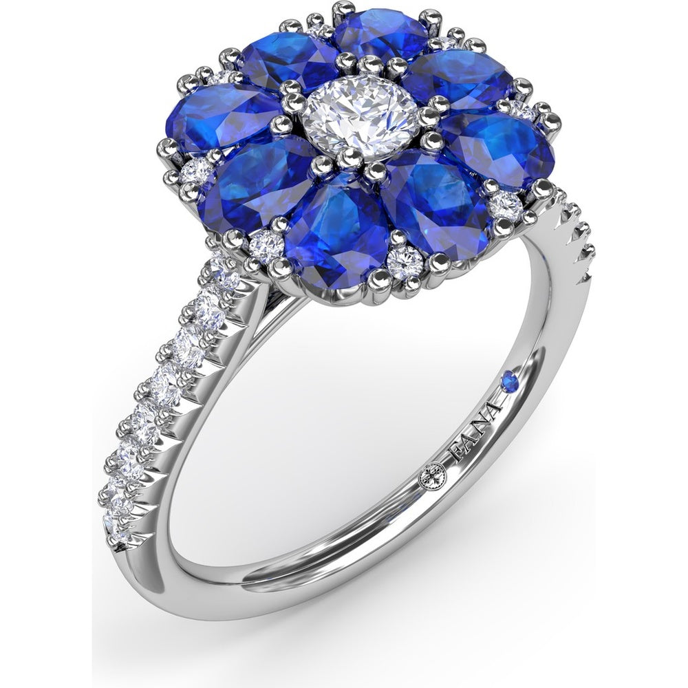 Floral Cluster Ring with Oval Sapphires and Round Diamond Center by Fana - 2.12 Carat Total Gemstone Weight