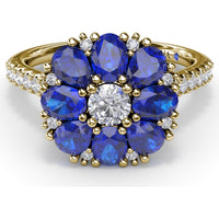 Floral Cluster Ring with Oval Sapphires and Round Diamond Center by Fana - 2.12 Carat Total Gemstone Weight