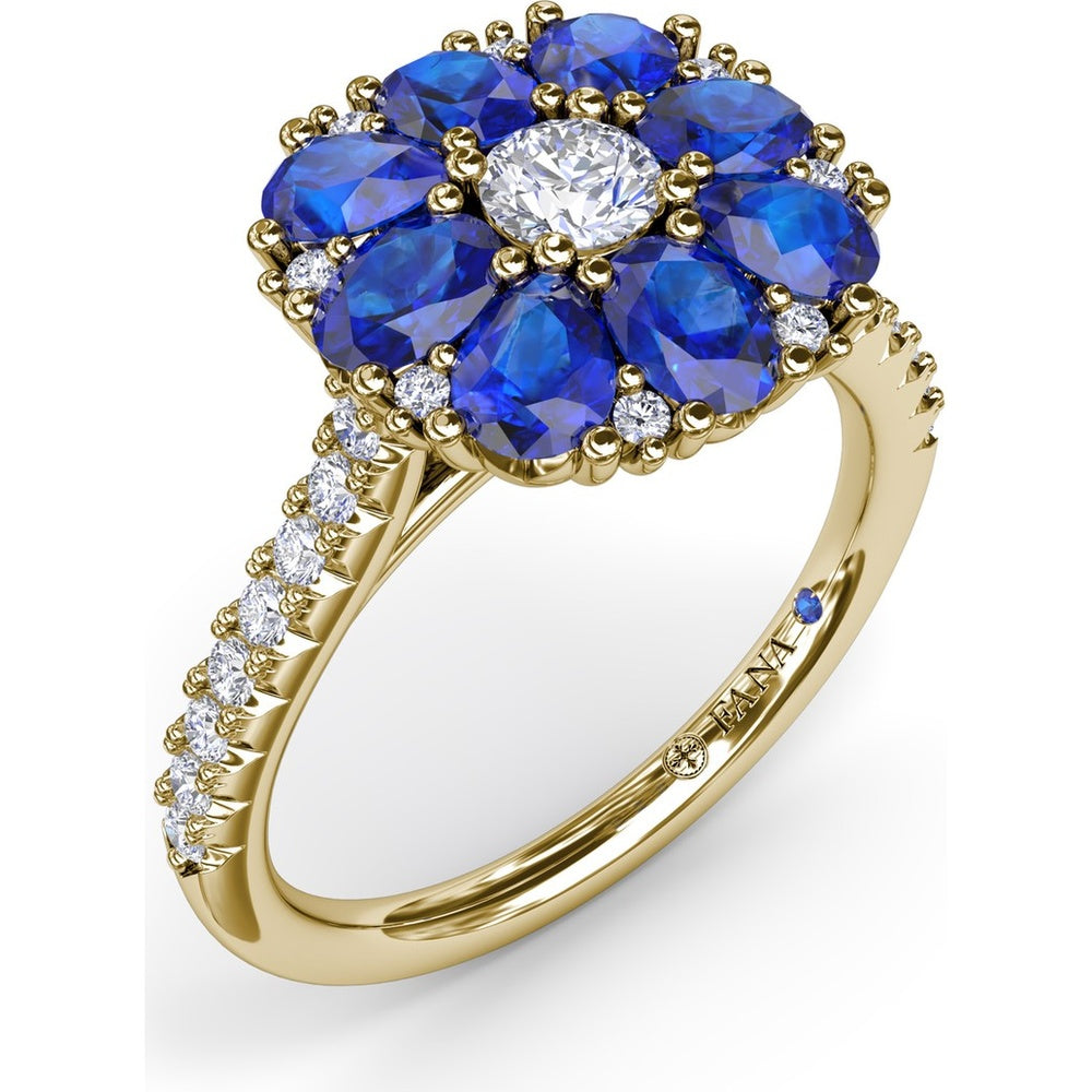 Floral Cluster Ring with Oval Sapphires and Round Diamond Center by Fana - 2.12 Carat Total Gemstone Weight