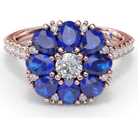 Floral Cluster Ring with Oval Sapphires and Round Diamond Center by Fana - 2.12 Carat Total Gemstone Weight