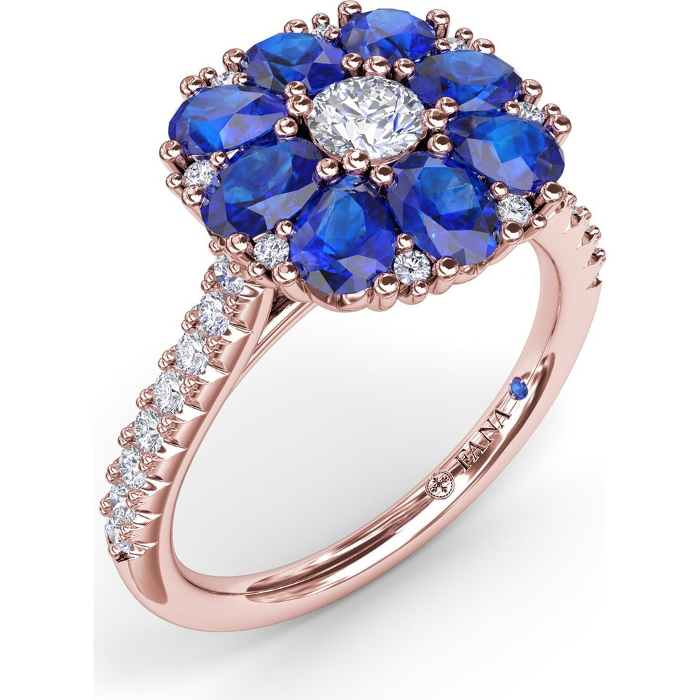 Floral Cluster Ring with Oval Sapphires and Round Diamond Center by Fana - 2.12 Carat Total Gemstone Weight