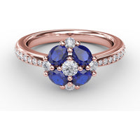 Floral Cluster Ring with Oval Sapphires and Round Diamonds by Fana - 1.38 Carat Total Gemstone Weight