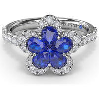 Floral Cluster Ring with Pear-Shaped Sapphires and Diamond Halo by Fana - 1.58 Carat Total Gemstone Weight