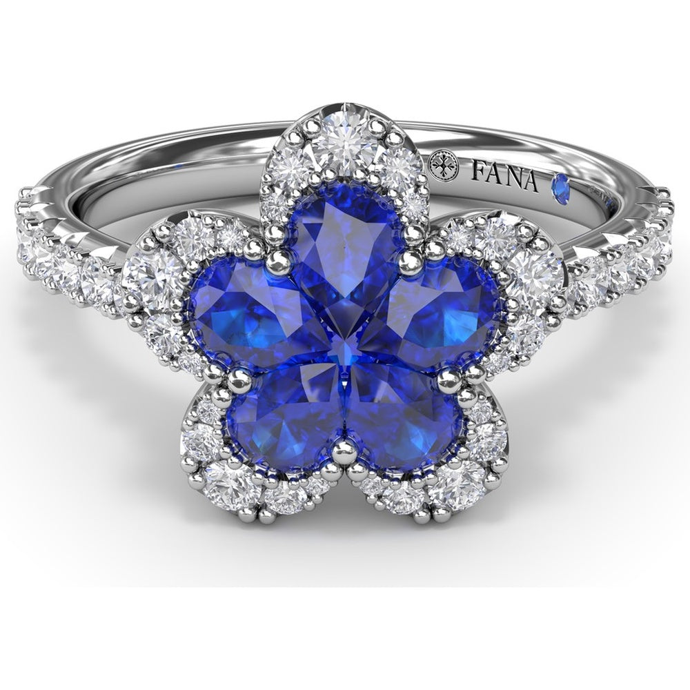 Floral Cluster Ring with Pear-Shaped Sapphires and Diamond Halo by Fana - 1.58 Carat Total Gemstone Weight