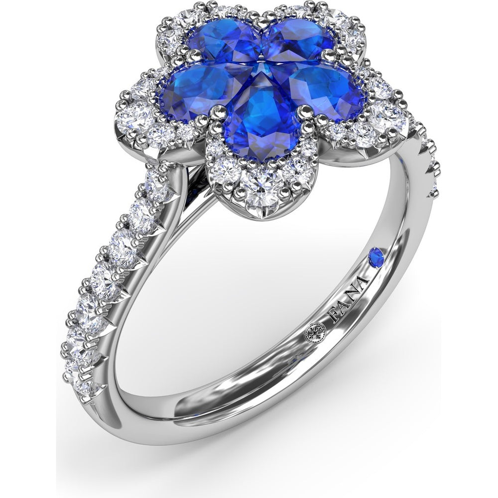 Floral Cluster Ring with Pear-Shaped Sapphires and Diamond Halo by Fana - 1.58 Carat Total Gemstone Weight