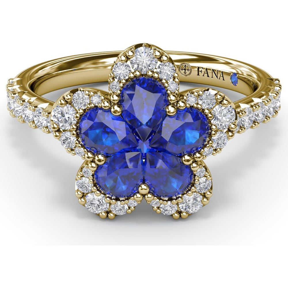 Floral Cluster Ring with Pear-Shaped Sapphires and Diamond Halo by Fana - 1.58 Carat Total Gemstone Weight