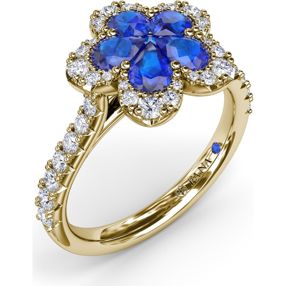 Floral Cluster Ring with Pear-Shaped Sapphires and Diamond Halo by Fana - 1.58 Carat Total Gemstone Weight