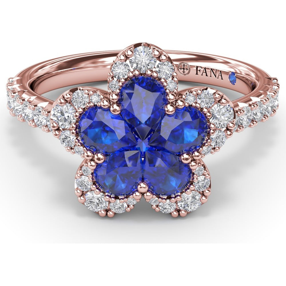 Floral Cluster Ring with Pear-Shaped Sapphires and Diamond Halo by Fana - 1.58 Carat Total Gemstone Weight