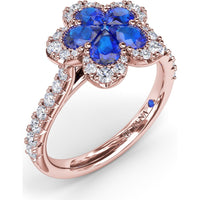 Floral Cluster Ring with Pear-Shaped Sapphires and Diamond Halo by Fana - 1.58 Carat Total Gemstone Weight