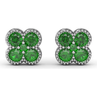 Floral Cluster Stud Earrings with Milgrain Set Round Emeralds by Fana - 0.88 Carat Total Gemstone Weight