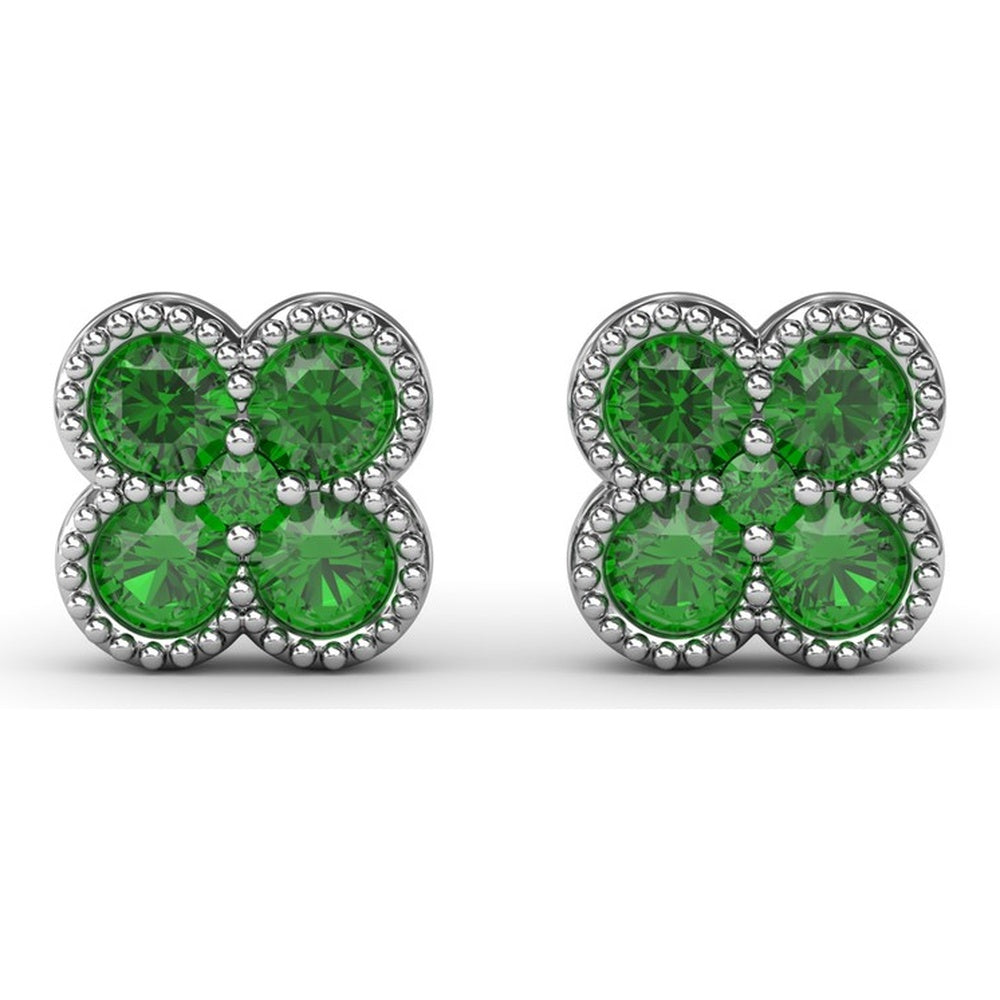 Floral Cluster Stud Earrings with Milgrain Set Round Emeralds by Fana - 0.88 Carat Total Gemstone Weight