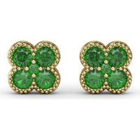 Floral Cluster Stud Earrings with Milgrain Set Round Emeralds by Fana - 0.88 Carat Total Gemstone Weight