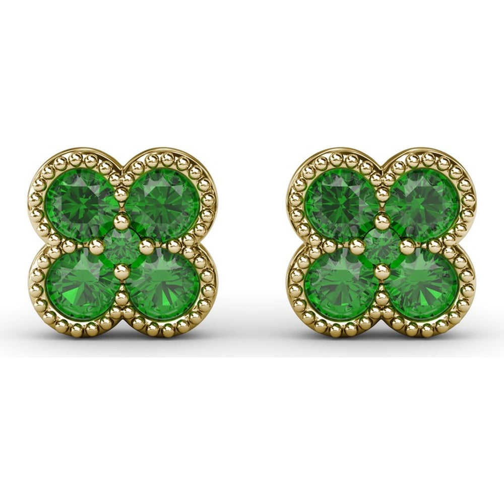 Floral Cluster Stud Earrings with Milgrain Set Round Emeralds by Fana - 0.88 Carat Total Gemstone Weight