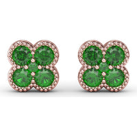 Floral Cluster Stud Earrings with Milgrain Set Round Emeralds by Fana - 0.88 Carat Total Gemstone Weight