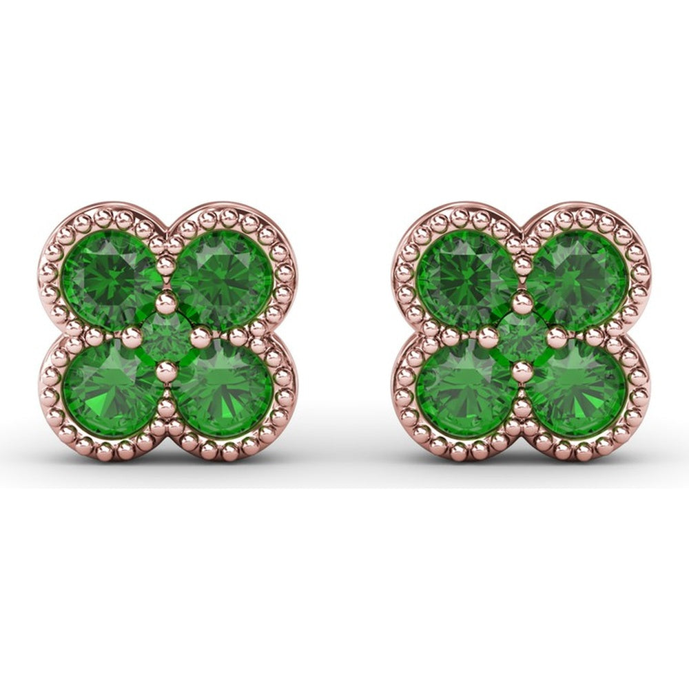 Floral Cluster Stud Earrings with Milgrain Set Round Emeralds by Fana - 0.88 Carat Total Gemstone Weight