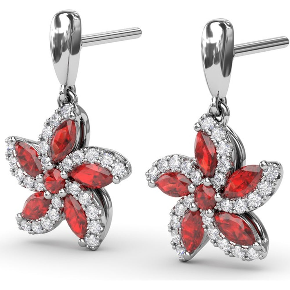 Floral Drop Earrings with Marquise Rubies and Pavé Diamond Halo by Fana - 1.61 Carat Total Gemstone Weight