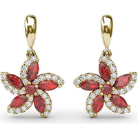 Floral Drop Earrings with Marquise Rubies and Pavé Diamond Halo by Fana - 1.61 Carat Total Gemstone Weight