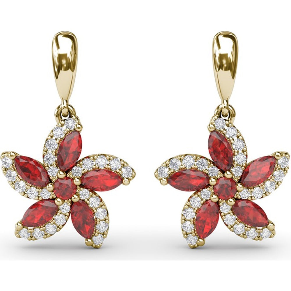 Floral Drop Earrings with Marquise Rubies and Pavé Diamond Halo by Fana - 1.61 Carat Total Gemstone Weight