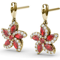 Floral Drop Earrings with Marquise Rubies and Pavé Diamond Halo by Fana - 1.61 Carat Total Gemstone Weight