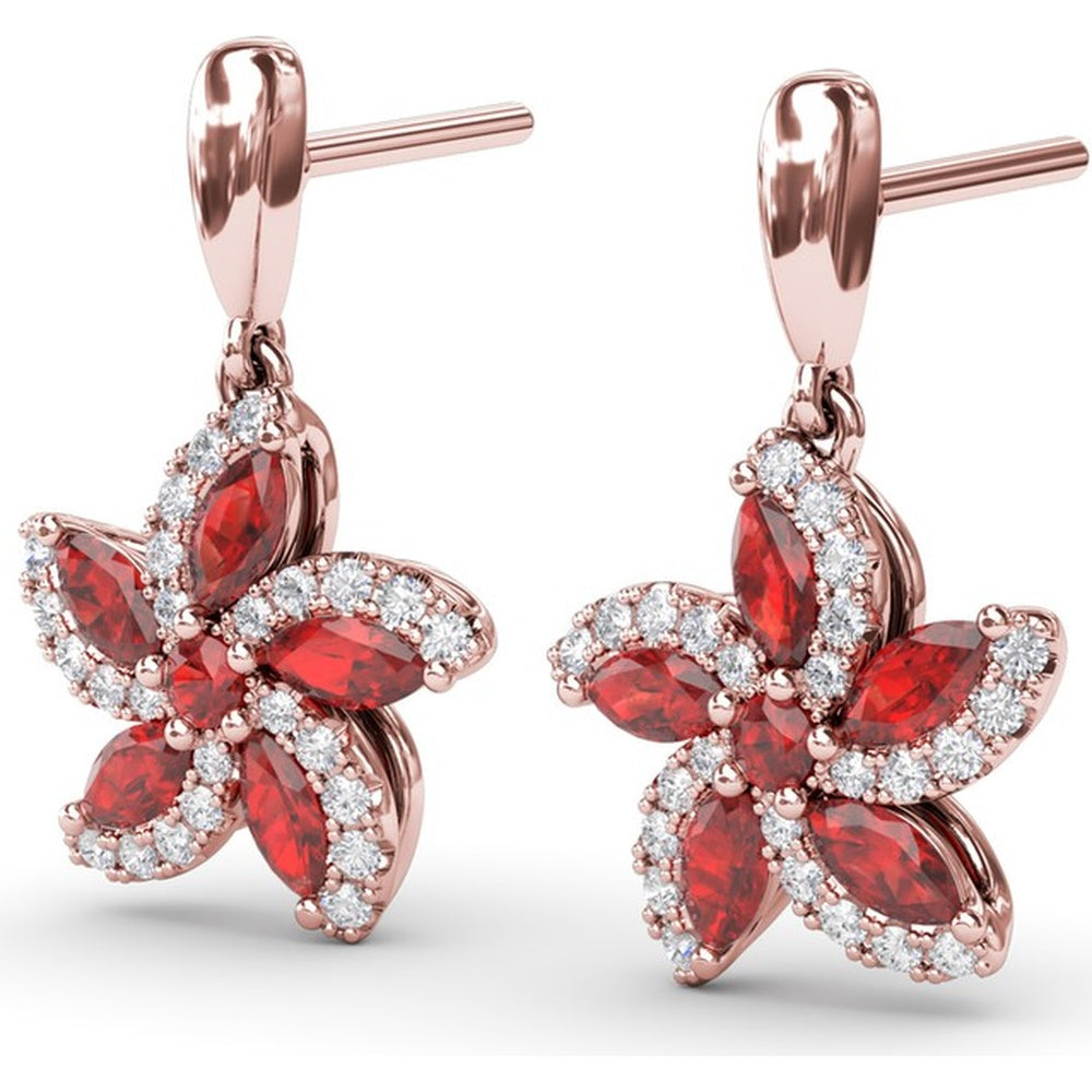 Floral Drop Earrings with Marquise Rubies and Pavé Diamond Halo by Fana - 1.61 Carat Total Gemstone Weight