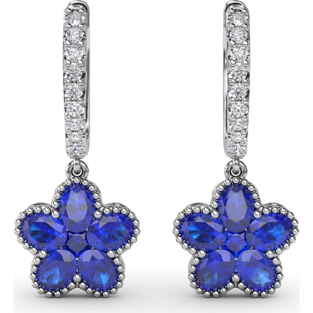 Floral Drop Huggie Earrings with Oval Blue Sapphires and Pavé Diamonds by Fana - 2.88 Carat Total Sapphire Weight