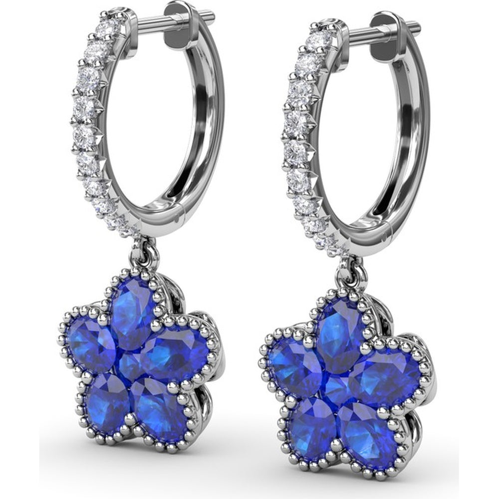 Floral Drop Huggie Earrings with Oval Blue Sapphires and Pavé Diamonds by Fana - 2.88 Carat Total Sapphire Weight