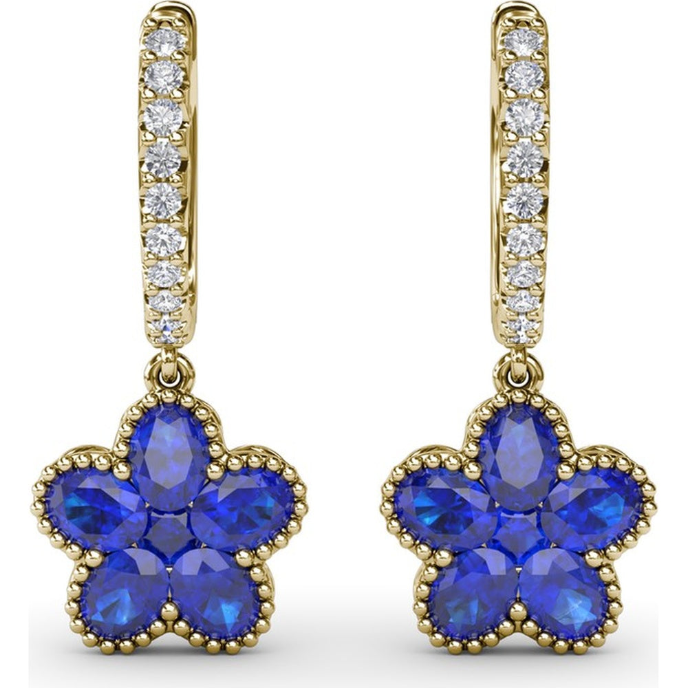 Floral Drop Huggie Earrings with Oval Blue Sapphires and Pavé Diamonds by Fana - 2.88 Carat Total Sapphire Weight