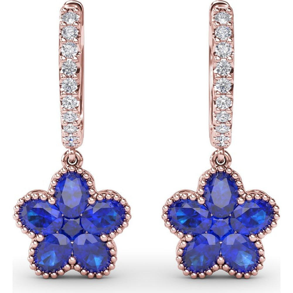 Floral Drop Huggie Earrings with Oval Blue Sapphires and Pavé Diamonds by Fana - 2.88 Carat Total Sapphire Weight
