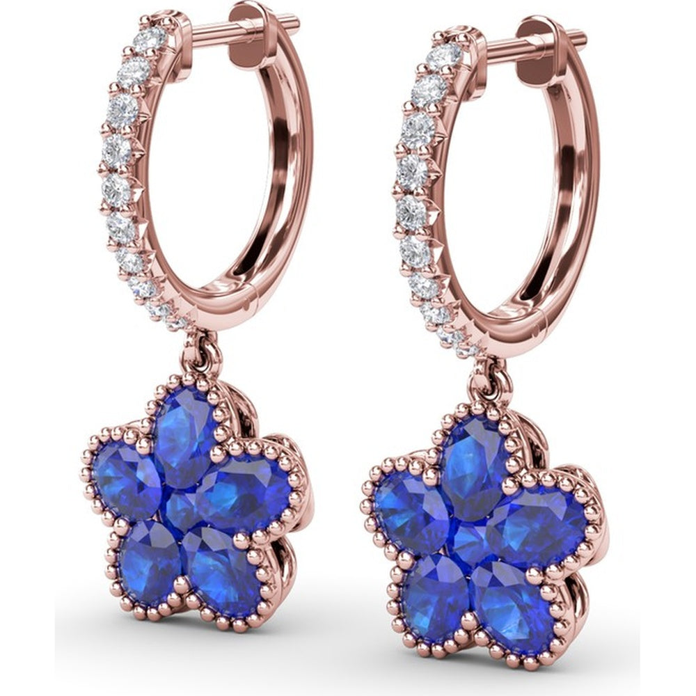 Floral Drop Huggie Earrings with Oval Blue Sapphires and Pavé Diamonds by Fana - 2.88 Carat Total Sapphire Weight