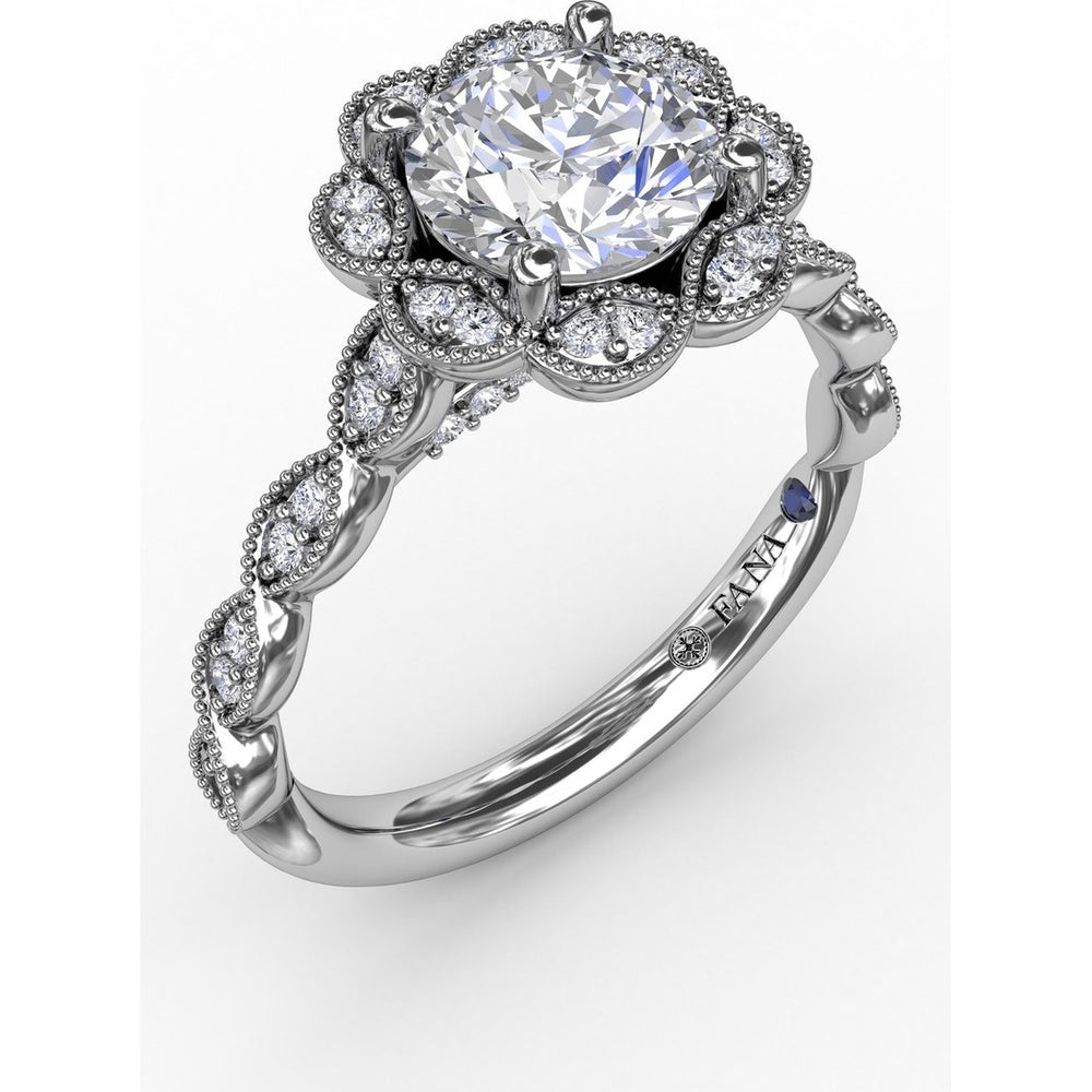 Floral Halo Engagement Ring Setting with Milgrain and Pavé Petals by Fana - 0.18 Carat Total Diamond Weight