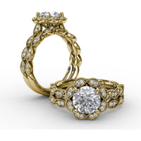 Floral Halo Engagement Ring Setting with Milgrain and Pavé Petals by Fana - 0.18 Carat Total Diamond Weight