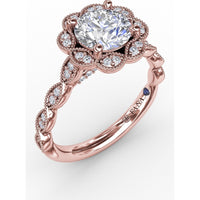 Floral Halo Engagement Ring Setting with Milgrain and Pavé Petals by Fana - 0.18 Carat Total Diamond Weight