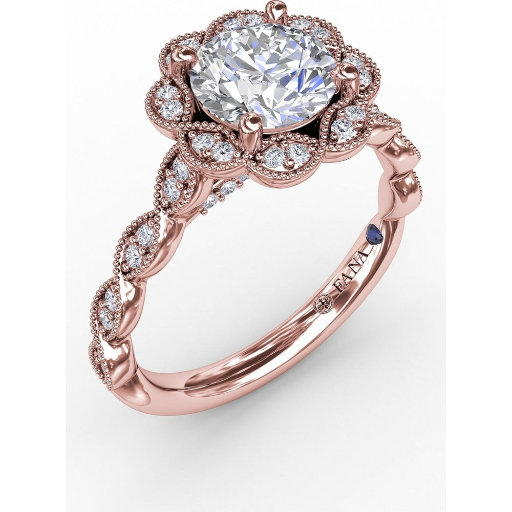 Floral Halo Engagement Ring Setting with Milgrain and Pavé Petals by Fana - 0.18 Carat Total Diamond Weight