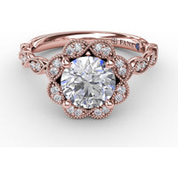 Floral Halo Engagement Ring Setting with Milgrain and Pavé Petals by Fana - 0.18 Carat Total Diamond Weight