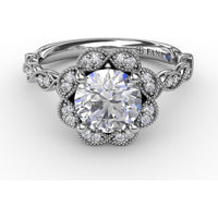 Floral Halo Engagement Ring Setting with Milgrain and Pavé Petals by Fana - 0.18 Carat Total Diamond Weight