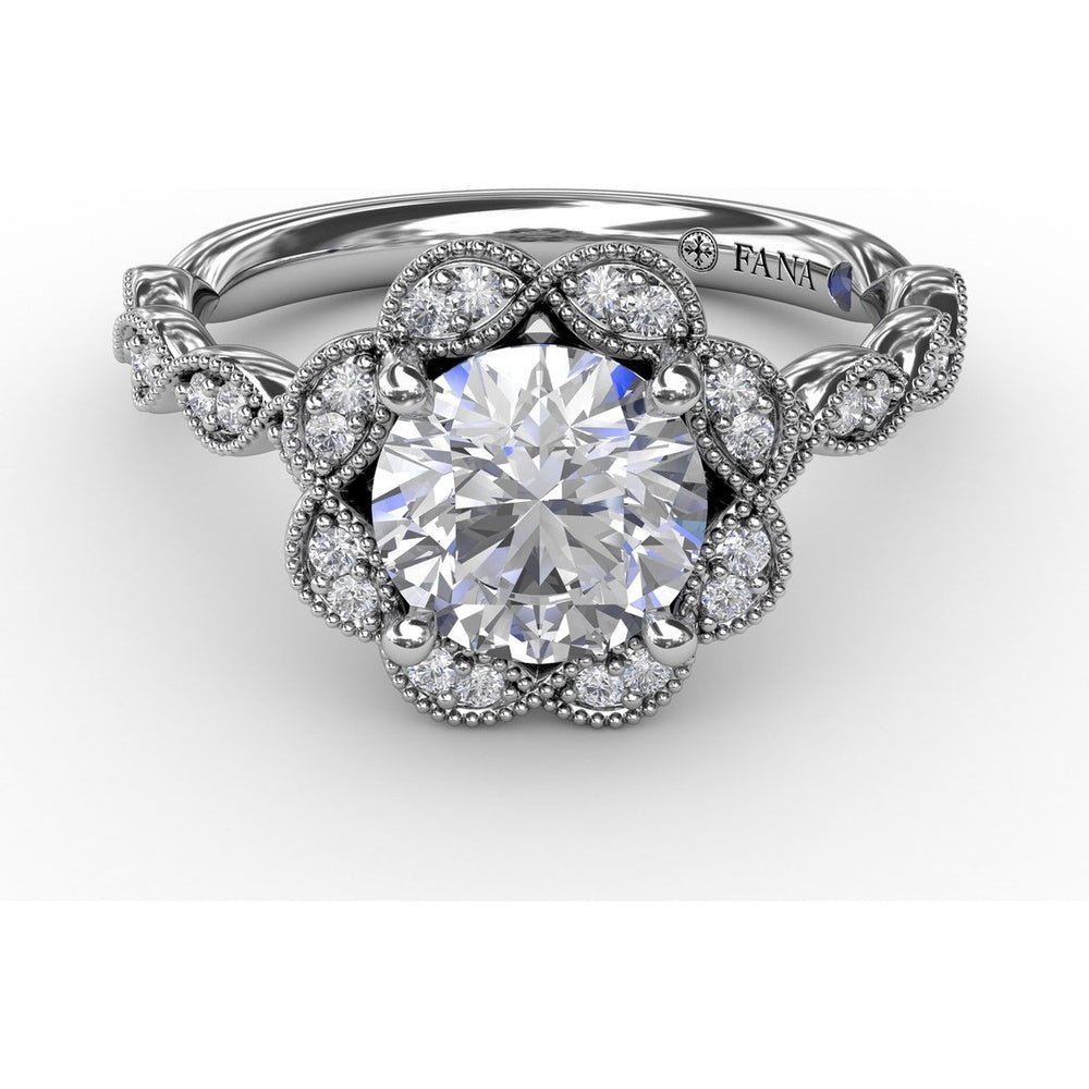Floral Halo Engagement Ring Setting with Milgrain and Pavé Petals by Fana - 0.18 Carat Total Diamond Weight