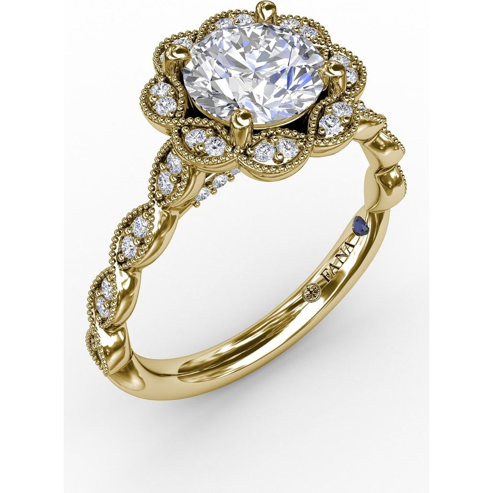 Floral Halo Engagement Ring Setting with Milgrain and Pavé Petals by Fana - 0.18 Carat Total Diamond Weight