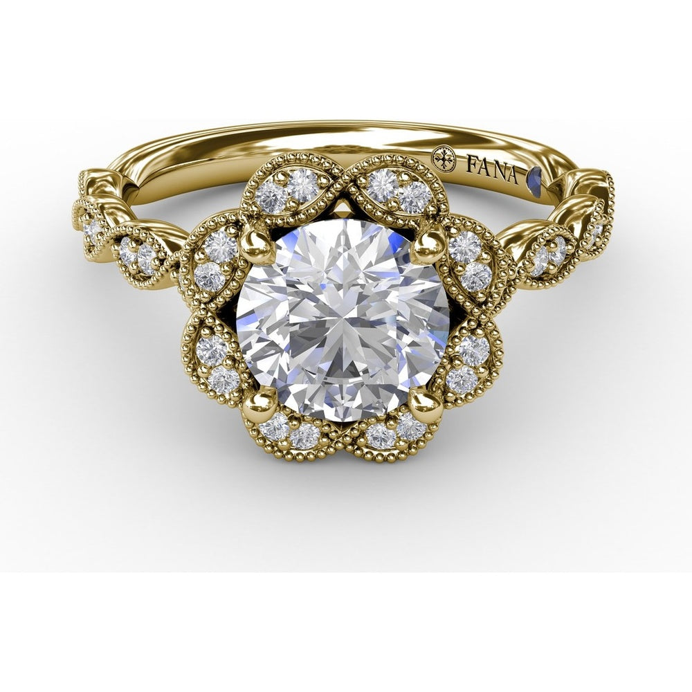 Floral Halo Engagement Ring Setting with Milgrain and Pavé Petals by Fana - 0.18 Carat Total Diamond Weight