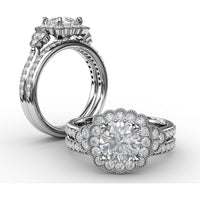 Floral Halo Engagement Ring Setting with Milgrain Detail and Split Shank Pavé Diamond Band by Fana - 0.70 Carat Total Diamond Weight