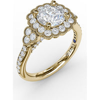 Floral Halo Engagement Ring Setting with Milgrain Detail and Split Shank Pavé Diamond Band by Fana - 0.70 Carat Total Diamond Weight