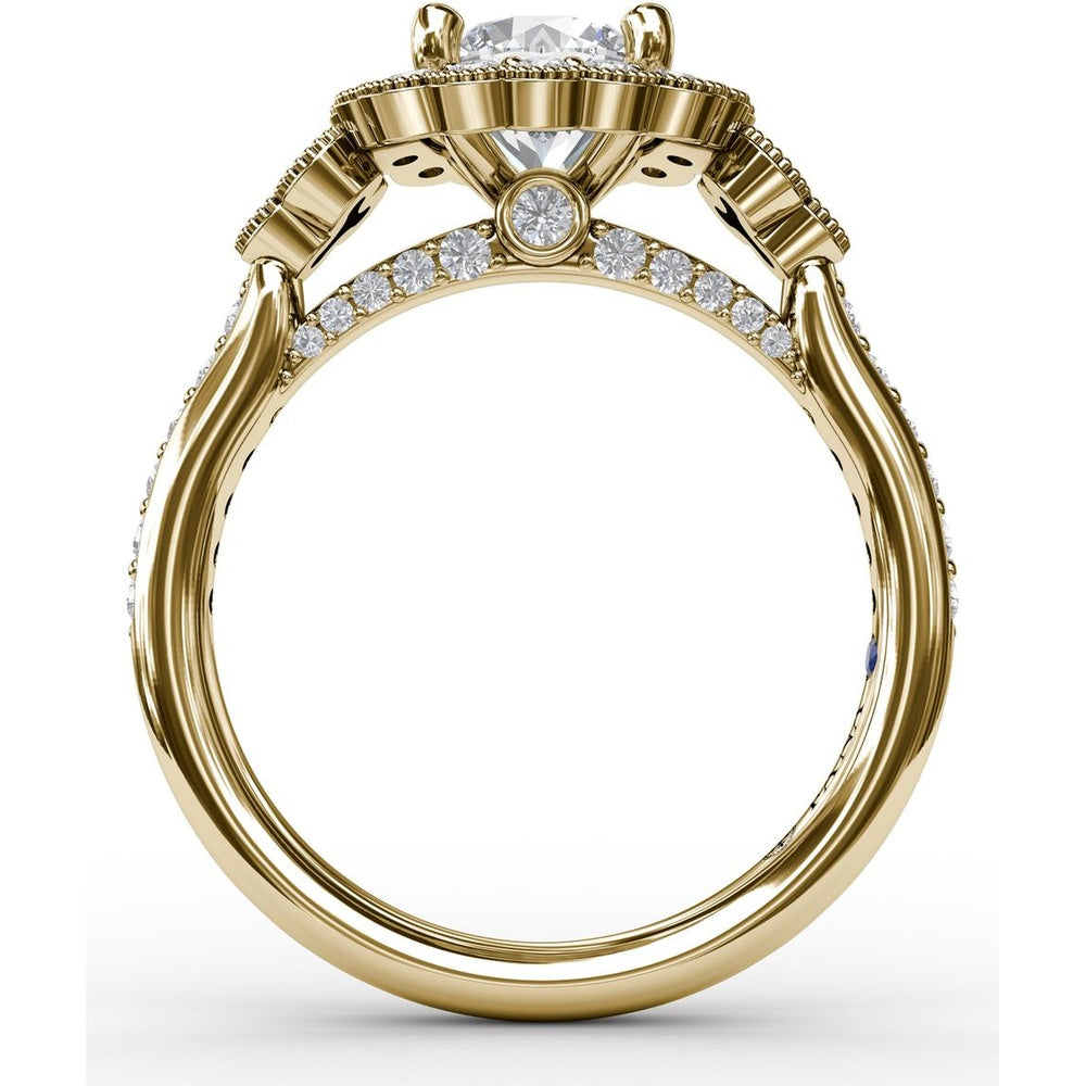 Floral Halo Engagement Ring Setting with Milgrain Detail and Split Shank Pavé Diamond Band by Fana - 0.70 Carat Total Diamond Weight