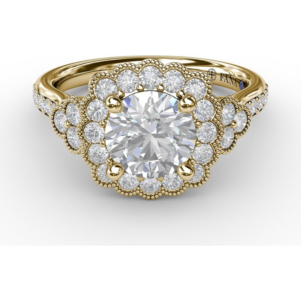 Floral Halo Engagement Ring Setting with Milgrain Detail and Split Shank Pavé Diamond Band by Fana - 0.70 Carat Total Diamond Weight