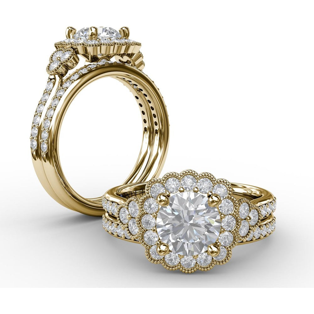 Floral Halo Engagement Ring Setting with Milgrain Detail and Split Shank Pavé Diamond Band by Fana - 0.70 Carat Total Diamond Weight