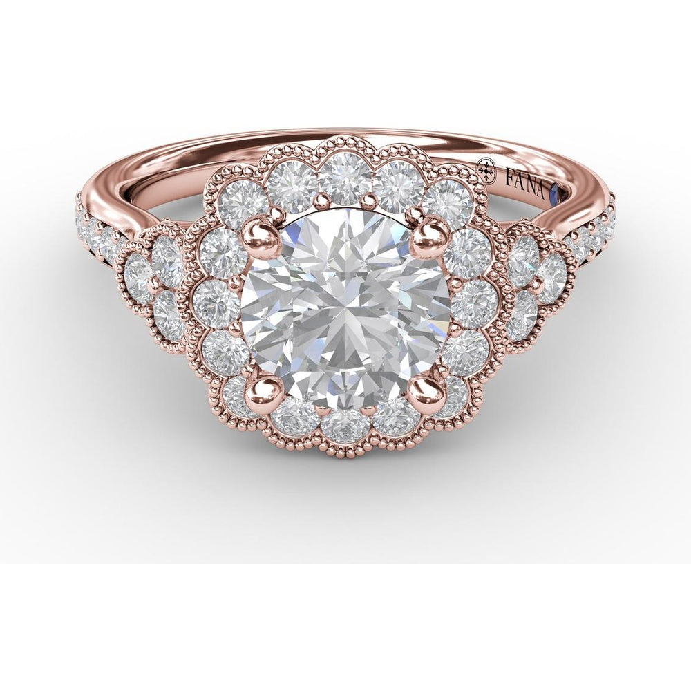 Floral Halo Engagement Ring Setting with Milgrain Detail and Split Shank Pavé Diamond Band by Fana - 0.70 Carat Total Diamond Weight