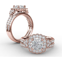 Floral Halo Engagement Ring Setting with Milgrain Detail and Split Shank Pavé Diamond Band by Fana - 0.70 Carat Total Diamond Weight