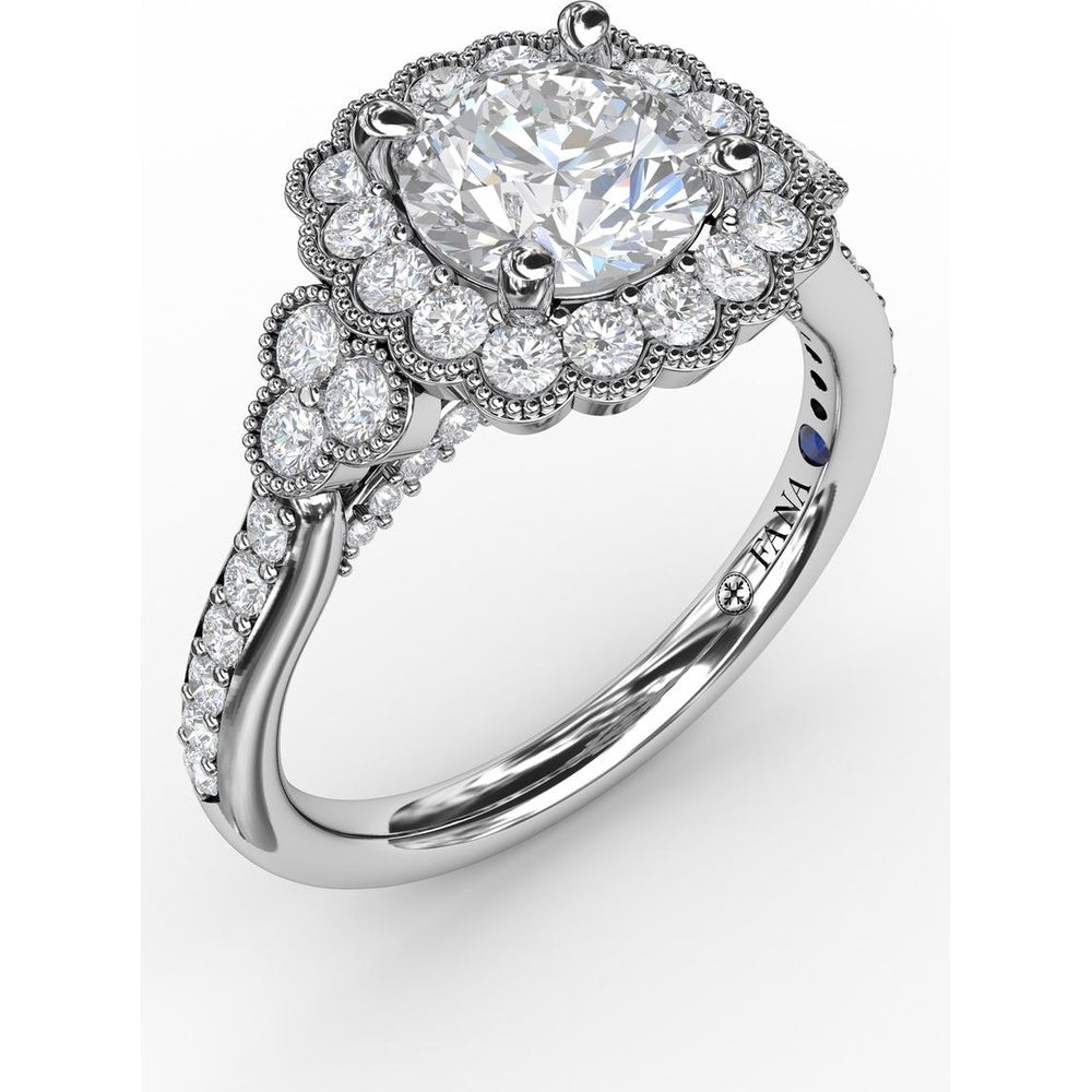 Floral Halo Engagement Ring Setting with Milgrain Detail and Split Shank Pavé Diamond Band by Fana - 0.70 Carat Total Diamond Weight