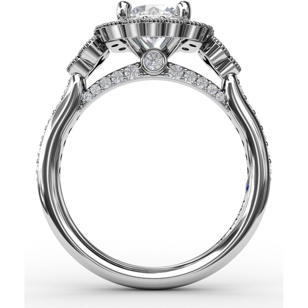 Floral Halo Engagement Ring Setting with Milgrain Detail and Split Shank Pavé Diamond Band by Fana - 0.70 Carat Total Diamond Weight
