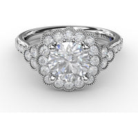 Floral Halo Engagement Ring Setting with Milgrain Detail and Split Shank Pavé Diamond Band by Fana - 0.70 Carat Total Diamond Weight