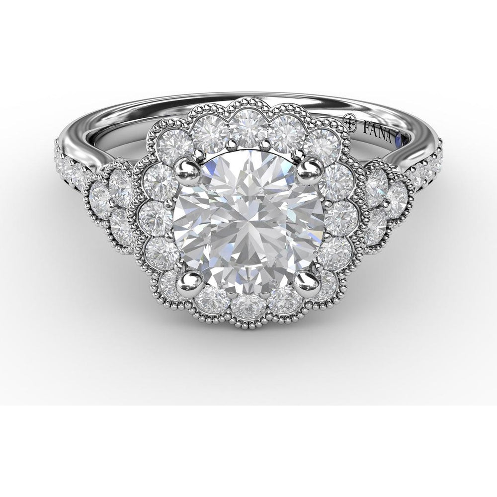 Floral Halo Engagement Ring Setting with Milgrain Detail and Split Shank Pavé Diamond Band by Fana - 0.70 Carat Total Diamond Weight